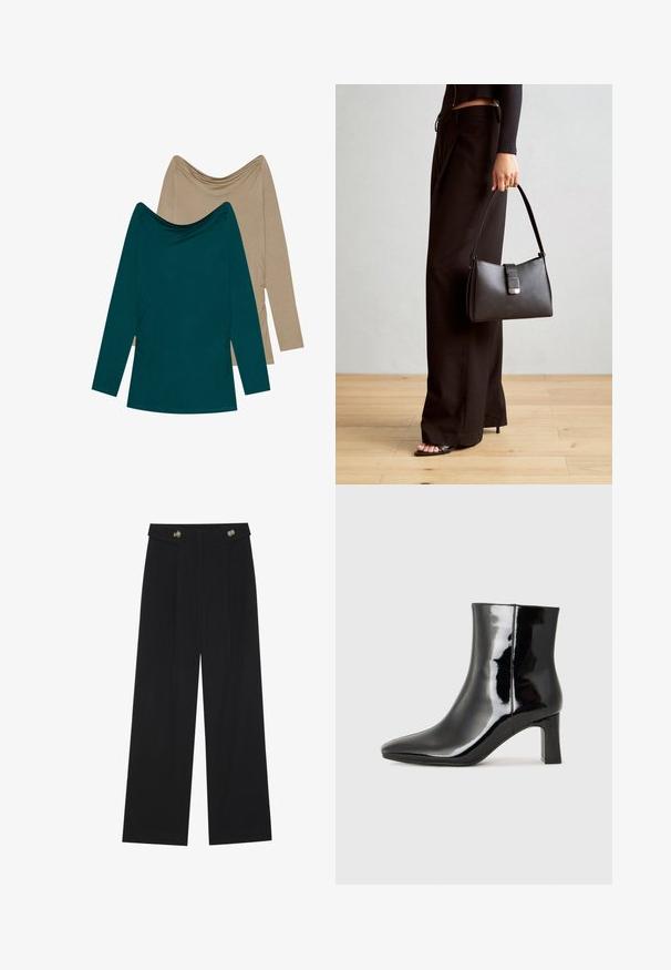 Du duogi ilgesnių rankovių marškiniai; vienas melsvai žalias, kitas smėlinis. Abu turi drapiruotą iškirptę ir surinkimus šonuose, pagaminti iš minkštos medvilnės.; Juodi plačios kojos kelnės su aukštu liemeniu, sagų detalėmis ant liemens ir priekinėmis raukšlėmis.; Juodos lakuotos odinės aulinukės su smailiu pirštu ir vidutinio aukščio blokuotu kulnu. Lygus paviršius ir minimalistinis dizainas.; Juodas rankinė struktūrizuota forma, lygi tekstūra ir metalinis užsegimas. Suporuota su plačiomis juodomis kelnėmis ir atvirais bateliais ant medinių grindų.