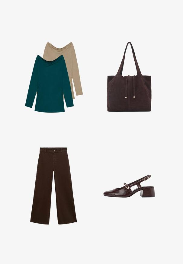 Dvoje blúz s dlhým rukávom; jedno v odtieni teal a druhé béžové. Obe majú zavinovací výstrih a nariasené detaily po stranách, vyrobené z mäkkej látky.; Hnedé široké nohavice z bavlnenej zmesi, s roztrhnutým lemom, predným zapínaním na gombík a klasickým dizajnom s piatimi vreckami. Minimalistické a všestranné.; Hnedé kožené sandále na podpätku so štvrtkovým špičkou, vyrezávanými bokmi a blokovým podpätkom. Obsahujú pracku na pásiku okolo členka.; Mango Veľká kabelka - dark brown
