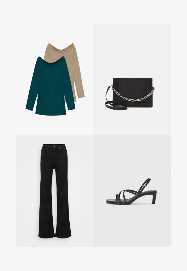 Dwie bluzki z długim rękawem; jedna w odcieniu turkusowym, a druga beżowa. Obie mają dekolt w kształcie drapowania oraz marszczenia po bokach, wykonane z miękkiego materiału.; Czarne dżinsy w kształcie dzwonu wykonane z denimu, z wysokim stanem, pięcioma kieszeniami i metalowym zapięciem. Gładka faktura z minimalnym zdobieniem.; Czarne sandały na obcasie z prostokątnym noskiem i niskim słupkowym obcasem. Posiadają wiele cienkich pasków i regulowany pasek na kostkę. Wykonane z gładkiej skóry.; Czarna skórzana torebka typu crossbody z gładką teksturą, prostokątnym kształtem oraz metalowym detalem w postaci łańcuszka z przodu. W zestawie regulowany pasek.