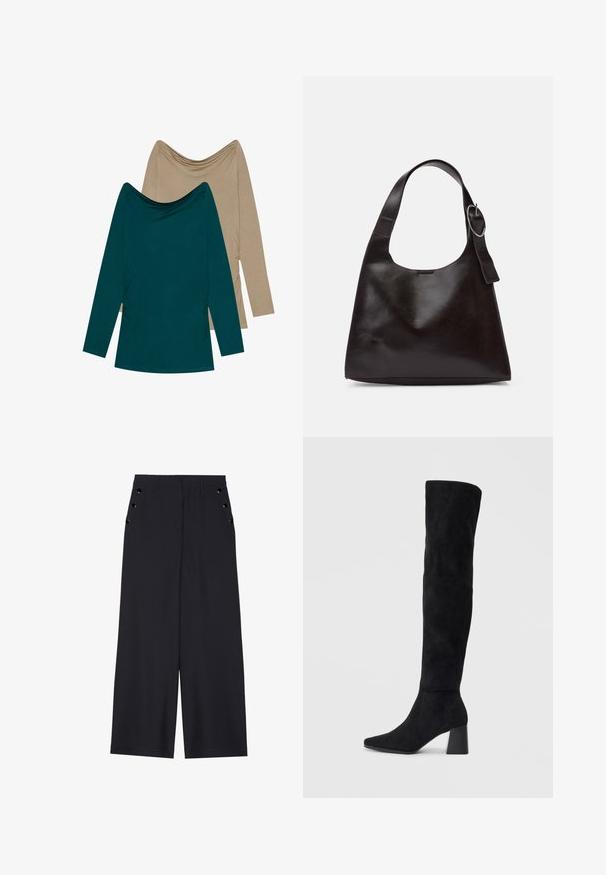 Dve dolge rokave; ena v turkizni in ena v bež barvi. Obe imata drapirano ovratnico in naborke na straneh, izdelane iz mehkega materiala.; Široke hlače iz temno modrega materiala, z gladko teksturo, sprednjimi gubami in dekorativnimi zlatimi kopčami na stranskih žepih.; Črne semiš škornje do kolen z blok peto, s koničastim nosom in gladkim, brezšivnim dizajnom na enostavni svetli podlagi.; Rjava usnjena torba za ramo z gladko teksturo, okroglo obliko, širokim trakom in krožno kovinsko akcenco na ročaju.