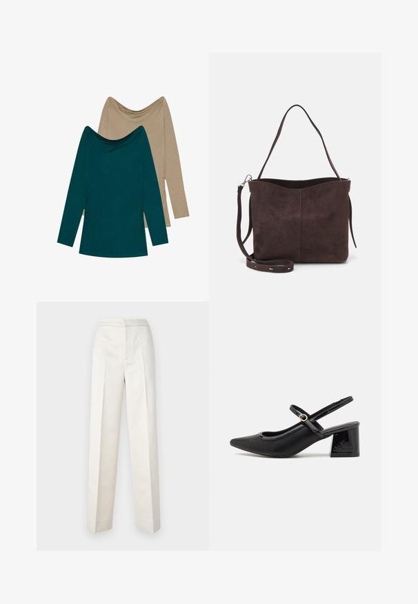 Dve dolge rokave; ena v turkizni in ena v bež barvi. Obe imata drapirano ovratnico in naborke na straneh, izdelane iz mehkega materiala.; Hlače kremaste barve s krojem po meri, vsebujejo ravno nogavico, gladko blago, sprednje naborke in čist rob. Minimalističen dizajn.; Črne patentne usnjene salonarce s slingback obliko, s koničastim nosom, zaobljenim izrezom in blok peto. Imajo zlato kovinsko zaponko kot dodatno okrasje.; Rjava gamoška torba z mehkobo teksturo, ki ima en samo ramenski trak in subtilno ukrivljen zgornji del. Brez vidnih kovinskih detajlov.