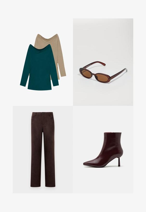 Dwie bluzki z długim rękawem; jedna w odcieniu turkusowym, a druga beżowa. Obie mają dekolt w kształcie drapowania oraz marszczenia po bokach, wykonane z miękkiego materiału.; Proste nogawki, ciemno-brązowe spodnie z zamszu z zapięciem na guzik i zamek błyskawiczny, szlufkami na pasek oraz kieszeniami bocznymi.; Burgundowe lakierowane botki za kostkę z ostrym noskiem i smukłym obcasem w szpilkę, charakteryzujące się gładką, błyszczącą teksturą i minimalistycznym designem.; Okrągłe, brązowe okulary przeciwsłoneczne z błyszczącą bordową oprawą. Cienkie ramiona z subtelnym detalem marki. Płaski kształt soczewek.; Torebka w kolorze burgundowym, pleciona, o zaokrąglonym kształcie i pojedynczym uchwycie, z teksturowaną powierzchnią oraz elastycznym zaciąganym zapięciem.