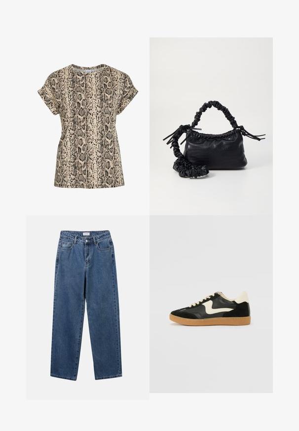 Kreklu ar īsām piedurknēm, gaiši brūnā krāsā, ar melnu un brūnu čūsku rakstu un apaļu kakla izgriezumu.; Klasiskie zili džinsi ar taisnu kāju dizainu, pieciem kabatām un pogu aizdari. Iezīmējas ar vidēju mazgāšanu un izturīgu tekstūru.; Melna zamšāda un ādas sporta apavi ar krēmkrāsas sānu svītru un gaiši krēmkrāsas papēdi. Ar beigu krāsas auklām un gumijas zole.; Melnā mākslīgās ādas rokassoma ar krokodila rakstu, savilkta augšdaļa un saburzīta siksna. Izskatās mīksta un kompakta pēc dizaina.