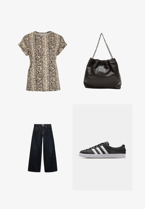 Bež majica s kratkimi rokavi z vzorcem kače v črni in rjavi barvi ter okroglim izrezom.; Široke temnodene kavbojke z visokim pasom, ki imajo kontrastne šive, sprednje žepke in minimalističen dizajn.; Črne usnjene športe z belim trakom s tremi črtami, zaobljenim nosom, ravnim belim gumijastim podplatom in blagovno znamko na strani.; Rjava usnjena torba z nabranim vrhom in verižnim trakom. Gladka tekstura z sijajno površino in subtilnimi šivi na straneh.