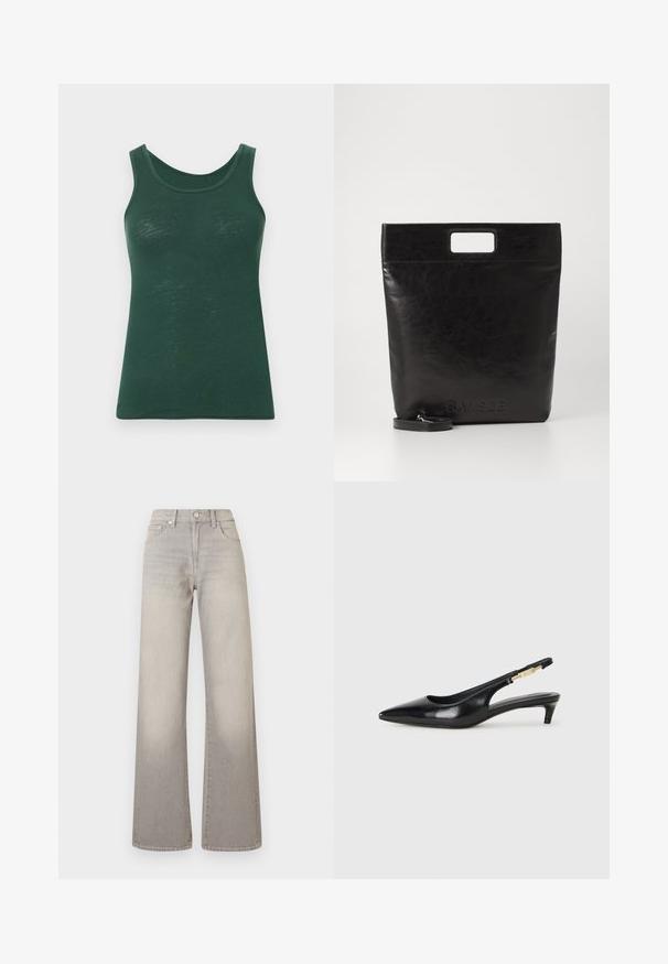 Sötétzöld, ujjatlan trikó, kerek nyakkivágással, könnyű anyagból készült, sima fehér háttér előtt megjelenítve.; Szürke, bőszárú farmernadrág elhalványodott hatással, gombos záródással, öt zsebes kialakítással és varrással díszített varratokkal.; Fekete bőr slingback magassarkúk, hegyes orral, vékony sarkakkal és arany színű részlettel a állítható pánton. Simа felület.; Fekete bőr bevásárlótáska négyzet alakú fogantyúval, texturált felülettel és dombornyomott logóval. Tartalmaz egy levehető pántot.