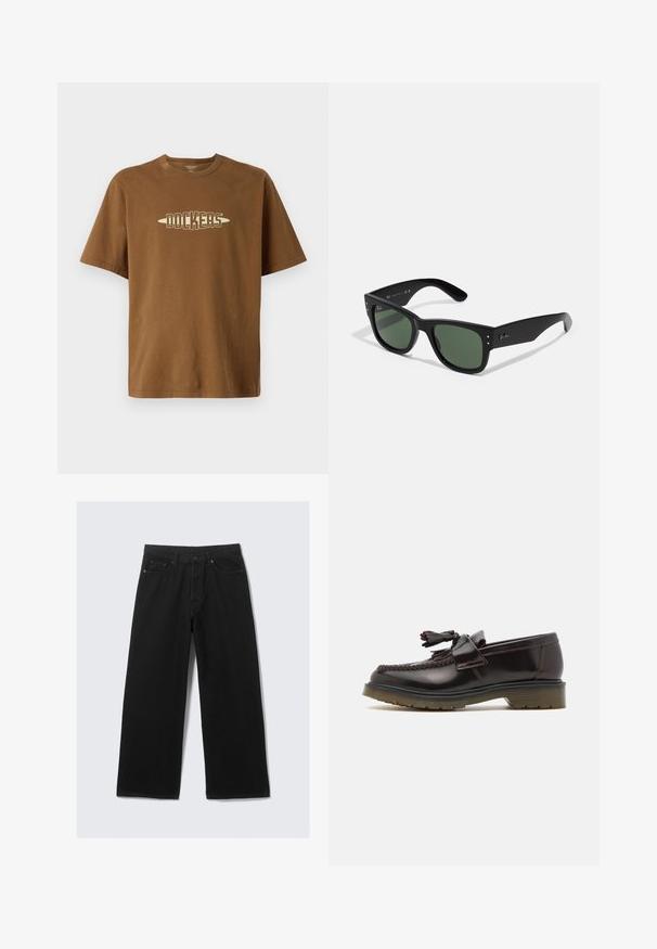 Ruskeat puuvillapaidat, joissa on lyhyet hihat, ja jossa on kermanvärinen "DOCKERS" logo rohkealla fontilla keskellä rintaa.; Mustat leveälahkeiset farkut, joissa on klassinen viiden taskun muotoilu ja jämäkkä vyötärönauha vyölenkeillä.; Ruske nahkate loafere z woveno zasnovo, z detajlom v obliki resic in ravnim gumijastim podplatom. Imajo gladek zaključek in kontrastno šivanje.; Mustat suorakulmaiset aurinkolasit vihreillä linsseillä, mattapinta, hienovaraiset metalliosat ja kohokuvioitu logo sankassa.