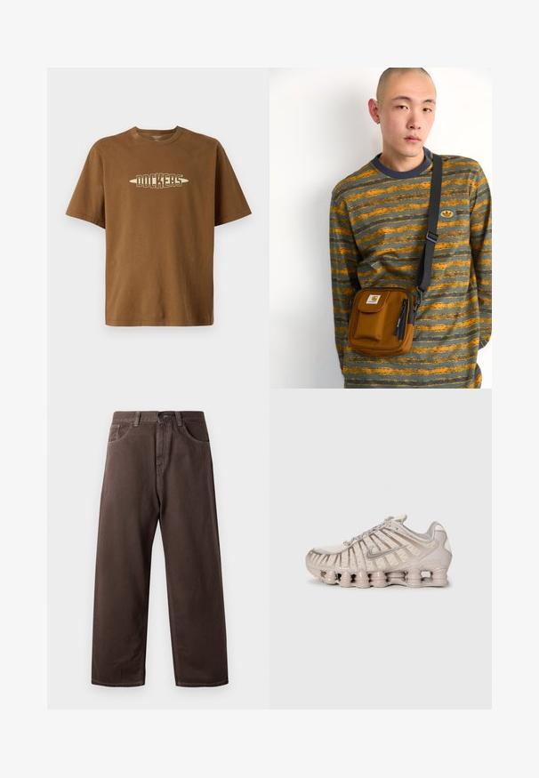 Braunes Baumwoll-T-Shirt mit kurzen Ärmeln, das ein cremefarbenes "DOCKERS"-Logo in einer fetten Schriftart zeigt, das zentral auf der Brust platziert ist.; Braune weite Baumwollhosen mit einem klassischen Five-Pocket-Design, einem Reißverschluss und sichtbaren Nähdetails.; Hellbeige Sport Schuh mit einem Obermaterial aus Mesh, strukturiertem Design und einer markanten gepolsterten Sohle mit zylindrischen Abschnitten.; Braune Stoff-Crossbody-Tasche mit Reißverschluss und Fronttasche; getragen über einem gestreiften Langarmshirt in Grau und Orange mit Logo-Patch.