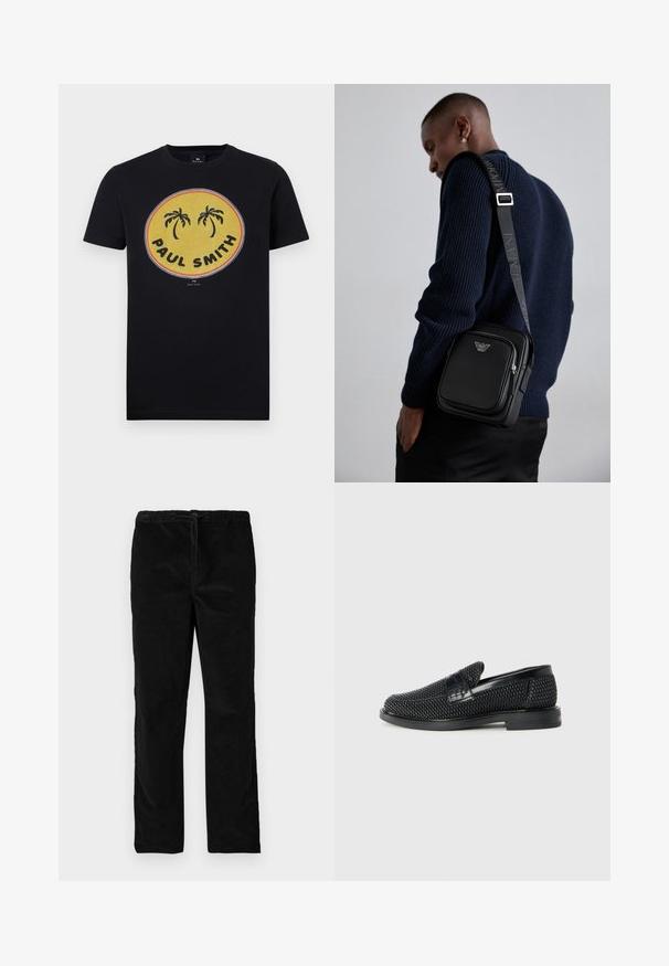 Melnas kokvilnas t-krekls ar dzeltenu apaļu grafiku, kurā attēloti palmas un teksts "PAUL SMITH" treknā rakstā kontrastējošās krāsās. Īsas piedurknes.; Melnas taisnas kājas samta bikses ar elastīgu jostasvietu un priekšējo auklu, attēlotas uz vienkārša balta fona.; Melnas austas slaidu kurpes ar gludu ādas akcentu augšpusē, apaļas formas purngalu un zemas profila gumijas zoli.; Melnas ādas plecu soma ar rāvējslēdzēja nodalījumu, logotipa detaļām un markētu regulējamu siksnu. Valkāta kopā ar teksturētu tumši zilu džemperi.