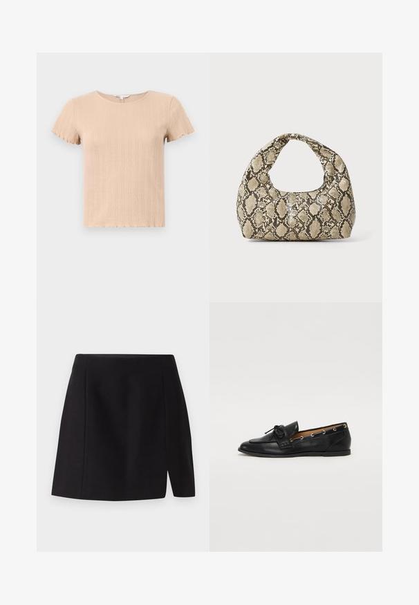 Tricou scurt cu mânecă scurtă, de culoare bej, cu margini ondulate, având un model texturat și decolteu rotund. Confeționat dintr-un material moale și elastic.; Fustă mini neagră, realizată dintr-un material neted, cu un talie ajustată și o fanta frontală care adaugă o notă modernă designului său simplu.; Mocasini din piele neagră cu fundiță legată, având accente aurii sub formă de ochiuri pe laterale și o talpă plată din cauciuc. Textură netedă, design clasic.; Geantă cu imprimeu de șarpe, având un mâner curbat. Fabricată din materiale texturate, bej și maronii, cu un model distinctiv în formă de diamant.