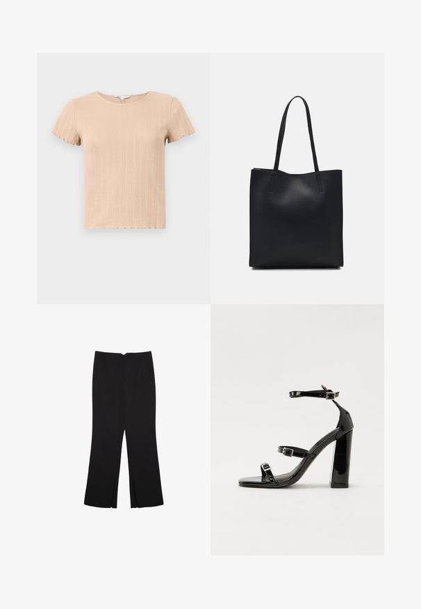 Beige ribbet kortærmet t-shirt med bølgede kanter, der har et struktureret mønster og en rund halsudskæring. Fremstillet af blødt, strækbart stof.; Sorte bukser med lige pasform, der har frontlommer og slidser i kanten. Lavet af blødt, glat stof. Velegnet til forskellige anledninger.; Sorte patenterede hælsandaler med firkantet tå, ankelremme og sølvspænder. Har en chunky blokHæl for stabilitet.; Sort læder tote taske med glat tekstur, rektangulær form og to lange hanke. Ingen synlig hardware eller udsmykninger.