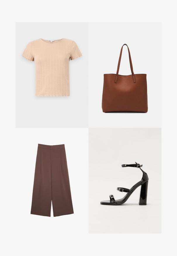 Vaaleanbeige ribattu lyhythihainen t-paita, jossa on vaaleapartaiset reunat, ja jossa on tekstuurinen kuvio ja pyöreä pääntie. Valmistettu pehmeästä, joustavasta kankaasta.; Ruskeat leveälahkeiset housut, joissa on sileä pinta, korkea vyötärö ja etupleat. Kangas on kevyttä ja laskeutuu väljänä.; Musta kiiltävä korkokenkä sandaalit neliönmuotoisella varpaalla, nilkkaremmillä ja hopeisilla soljilla. Varustettu tukevalla lohkokorkealla vakauden takaamiseksi.; Ruskea nahkainen olkalaukku, jossa on sileä pinta, avoin yläosa ja kaksi olkahihnaa. Omaavat vain minimaalisen ompelun eikä näkyvää metalliosaa.