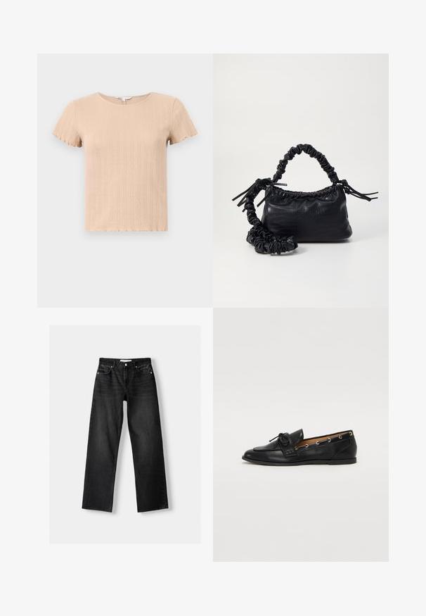 Tricou scurt cu mânecă scurtă, de culoare bej, cu margini ondulate, având un model texturat și decolteu rotund. Confeționat dintr-un material moale și elastic.; Bershka Blugi drepți - mottled dark grey; Mocasini din piele neagră cu fundiță legată, având accente aurii sub formă de ochiuri pe laterale și o talpă plată din cauciuc. Textură netedă, design clasic.; Geantă din faux leather neagră cu textură de crocodil, cu partea superioară strânsă și o curea mototolită. Pare moale și compactă ca design.