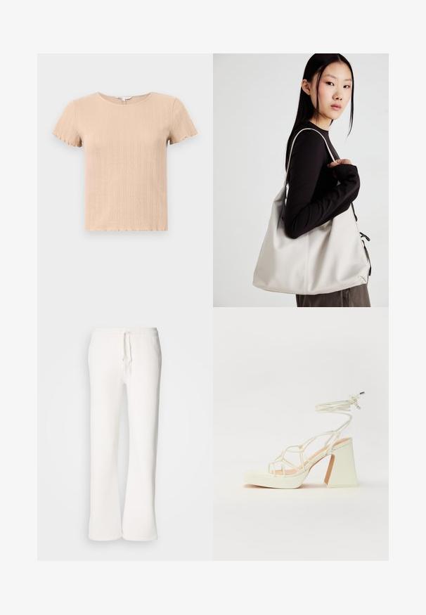 Beige geripptes T-Shirt mit kurzen Ärmeln und gewellten Kanten, mit einem strukturierten Muster und Rundhalsausschnitt. Aus weichem, dehnbarem Stoff gefertigt.; Weiße, locker sitzende Schlafanzughosen aus weichem Material, mit einem elastischen Bund und Kordelzug sowie geradem Bein.; Weiße High-Heel-Sandale mit einem klobigen Absatz, die über ein Riemchendesign und ein Knöchelband verfügt. Glatte Textur mit einer Plattform vorne für zusätzliche Höhe.; Beige Handtasche aus weichem Material, mit einem lässigen Design, gesteppten Details und zwei Schulterriemen. Geeignet für den täglichen Gebrauch.