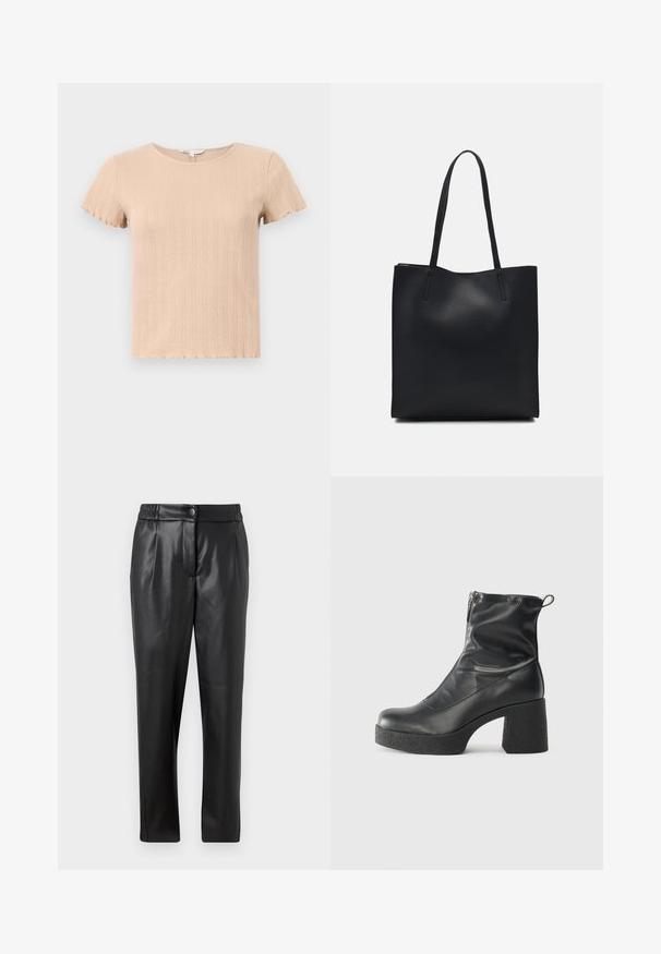 Camiseta de manga corta de color beige con bordes festoneados, que presenta un patrón texturizado y un cuello redondo. Fabricada con una tela suave y elástica.; Pantalones de cuero negro con una textura suave, corte recto, cintura elástica y cierre frontal con botón; detalle de pliegues y piernas ajustadas.; Botines negros de tobillo, hechos de cuero suave, con cierre lateral, tacón grueso texturizado y diseño de punta redondeada.; Bolso tote de cuero negro con textura lisa, forma rectangular y dos asas largas. Sin herrajes ni adornos visibles.
