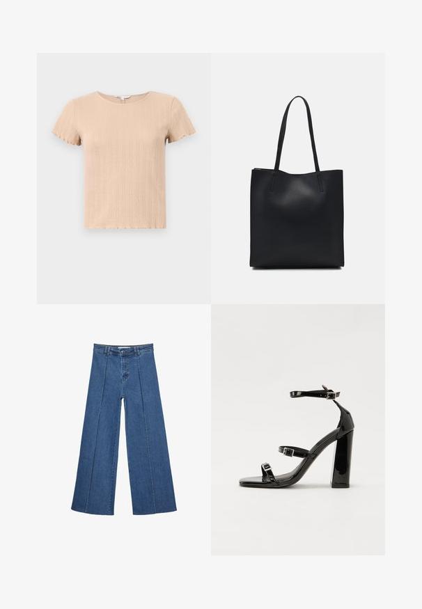 T-shirt corto a maniche corte beige a coste con bordi scallop, caratterizzato da un motivo testurizzato e scollatura rotonda. Realizzato in tessuto morbido e elastico.; Jeans in denim a gamba larga di blu medio, con vita alta, chiusura con bottone e dettagli delle cuciture verticali a contrasto lungo la parte anteriore.; Sandali con tacco in vernice nera, con punta squadrata, cinturini alla caviglia e fibbie in argento. Presentano un tacco a blocco spesso per maggiore stabilità.; Borsa tote in pelle nera con texture liscia, forma rettangolare e due manici lunghi. Nessun hardware o decorazione visibile.