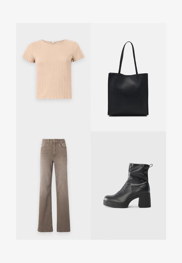 Beež ribatunne lühikeste varrukatega T-särk lainjas servadega, millel on tekstuuriline muster ja ümar kaelus. Valmistatud pehmest ja venivast kangast.; Pruunid kõrge vöökohtadega sirged teksad, millel on ees nupp, vöölõngad ja klassikaline viie tasku disain valgel taustal.; Mustad mustad ansapüksid, mis on valmistatud siledast nahast, külje zipperiga, paksu tekstuuriga kontsaga ja ümmarguse nina disainiga.; Mustast nahast kott sujuva tekstuuriga, ristkülikukujuline ja kahe pika sangaga. Pole nähtavat riistvara ega kaunistusi.