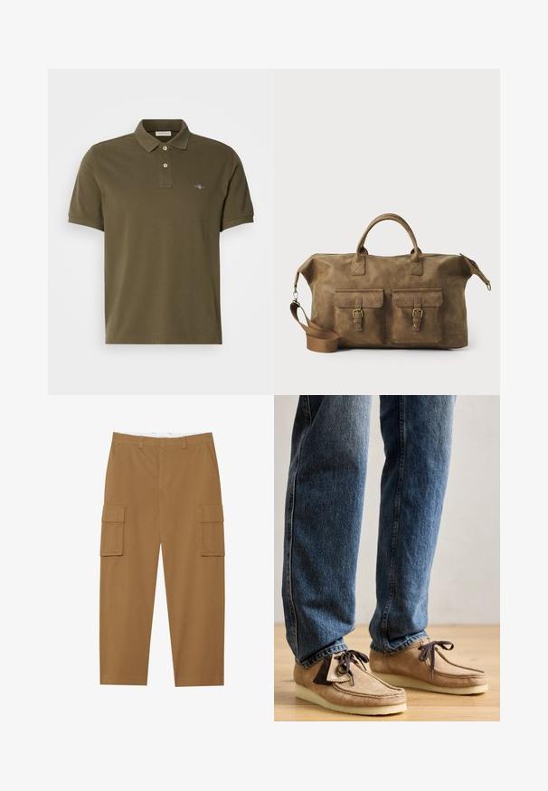 Olivengrøn polo-shirt lavet af bomuld, med klassisk krave, to-knaps placket og lille broderet logo på brystet.; Brune cargo bukser med to sidelommer, flad front og lige ben. Fremstillet af et slidstærkt stof med en glat tekstur.; Suedemokasiner i tan med mørkebrune accenter, rund tå og blød hvid sål. Har snøre-design og syede detaljer.; Brun læder duffel taske med to forlommer, justerbar skulderrem, guldfarvet hardware og robuste top håndtag. Glat tekstur.