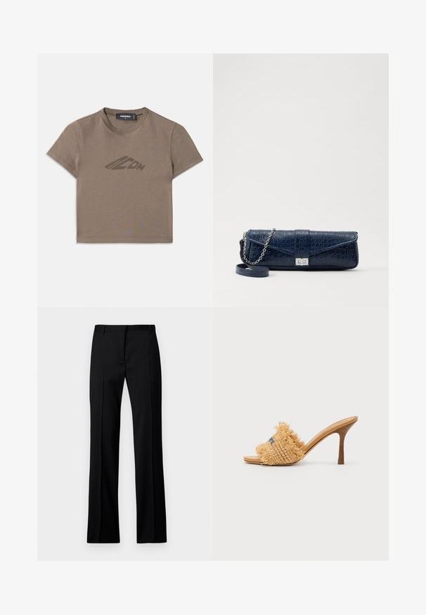 Braunes, kürzes T-Shirt aus Baumwolle mit rundem Ausschnitt und kurzen Ärmeln. Ein dezentes Logo ist in Dunkelbraun auf der Vorderseite aufgedruckt.; Schwarze gerade geschnittene Hosen aus glattem Stoff, mit flachem Bund, Gürtelschlaufen und ohne sichtbare Taschen oder Verzierungen.; Geflochtene Strohsandale mit hohen Absätzen in Beige, mit Fransen-Details und blauen Akzenten, runde, offene Zehen und einem spitzen Stiletto-Absatz.; Marineblaue Leder-Clutch mit Krokodilstruktur, silberner Kettenriemen und metallischem Verschluss. Rechteckige Form mit Umschlagdesign.