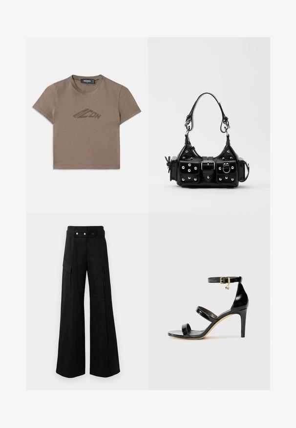 Maglietta corta marrone in cotone, con scollo rotondo e maniche corte. Un logo discreto è stampato in marrone scuro sul davanti.; Pantaloni neri a gamba larga con vita alta, dotati di ampie tasche laterali, due bottoni frontali e un dettaglio a anello. Realizzati in un tessuto resistente.; Sandalo in pelle verniciata nera con tre cinturini, fibbia alla caviglia e tacco a stiletto di 10 cm. Presenta dettagli in hardware dorato e un charm con logo.; Borsa a mano in pelle nera con design curvo, caratterizzata da borchie argentate, una fibbia e due tasche laterali. Tracolla regolabile per diverse opzioni di trasporto.
