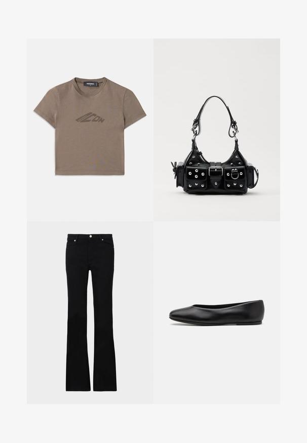 Maglietta corta marrone in cotone, con scollo rotondo e maniche corte. Un logo discreto è stampato in marrone scuro sul davanti.; Jeans neri svasati in denim, dotati di due tasche anteriori, chiusura con bottone e una texture liscia. Cuciture iconiche visibili nei punti di giuntura.; Paul Smith TOPANGA - Ballerine - black; Borsa a mano in pelle nera con design curvo, caratterizzata da borchie argentate, una fibbia e due tasche laterali. Tracolla regolabile per diverse opzioni di trasporto.