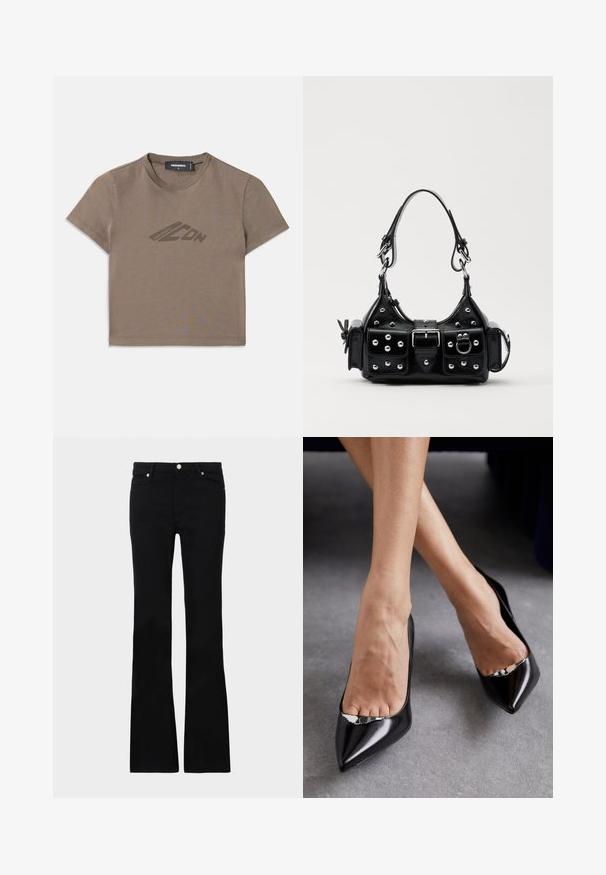 Pruun lõhikuga t-särk, mis on valmistatud puuvillast. T-särgil on ümmargune kaelus ja lühikesed varrukad. Ees on peen logo tumepruunis värvitoonis.; Mustad teksased, millel on flared lõige, kaks esi-taskut, nööbiga kinnitamine ja sile tekstuur. Tootemärgistus on nähtav õmblustes.; Mustad kõrgkandilised mustad nahkjalatsid terava nina ja avatud disainiga, millel on dekoratiivne hõbedane aksessuaar. Sile tekstuur läikiva viimistlusega.; Must värvi nahast käekott, millel on kaarjas disain, hõbedased nupukesed, kinnitusahe ja kaks külgtaskut. Reguleeritav rihm erinevate kandmisvõimaluste jaoks.