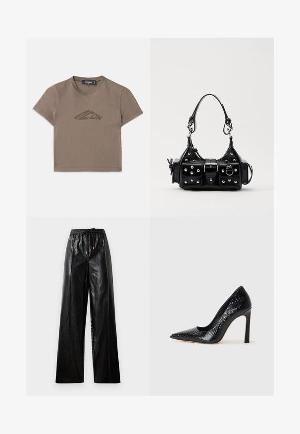 Smeđi skraćeni majica od pamuka, s okruglim izrezom i kratkim rukavima. Suptilni logo otisnut u tamnosmeđoj boji na prednjoj strani.; Crne kožne hlače širokog kroja s elastičnim pojasom, pertlama i zlatnim detaljima. Glatka tekstura i slobodan kroj.; Crne visoke potpetice s oštrim prstima, od teksture krokodilske kože, elegantnog dizajna, visoke stiletto potpetice i glatkog crnog unutrašnjosti.; Crna kožna torba s zakrivljenim dizajnom, koja sadrži srebrne zakovice, kopču i dva bočna džepa. Podesiva traka za različite opcije nošenja.