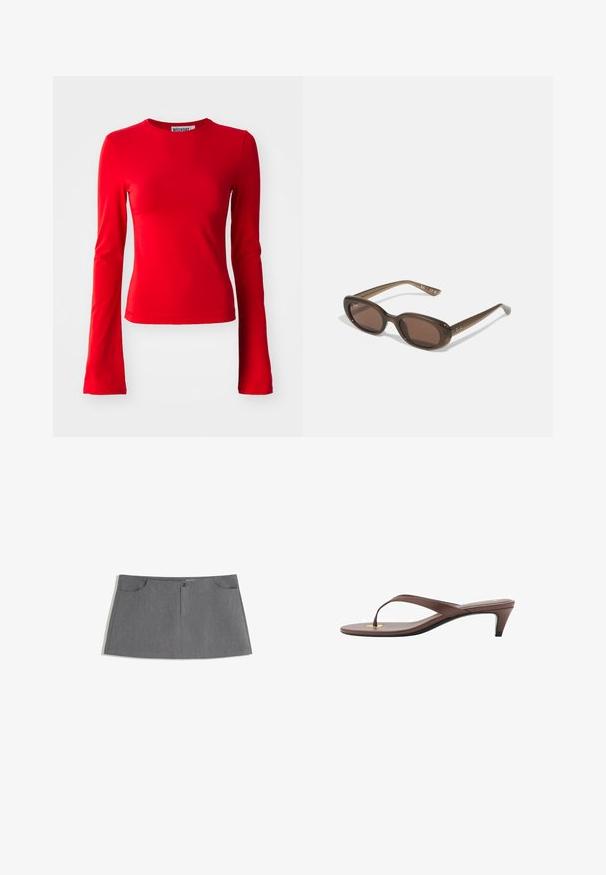 Top roșu cu mâneci lungi, realizat dintr-un material neted și elastic. Prezintă un guler tip crew și o siluetă ajustată. Design simplu, fără modele sau accente.; Fustă gri cu croială dreaptă, două buzunare frontale, închidere cu nasture pe față și un model texturat subtil.; Sandaș cu toc înalt, de culoare maro, cu o curea subțire și vârf rotunjit, având un mic accent auriu pe talpa interioară.; Ochelari de soare ovali maro, cu lentile închise la culoare. Ramele sunt dintr-un material translucid maro și prezintă un logo imprimat pe tempere.; Geantă din suede de culoare bej, cu două mânere lungi, formă rectangulară și cusături decorative. Dispune de o curea laterală și detalii subtile din aur.