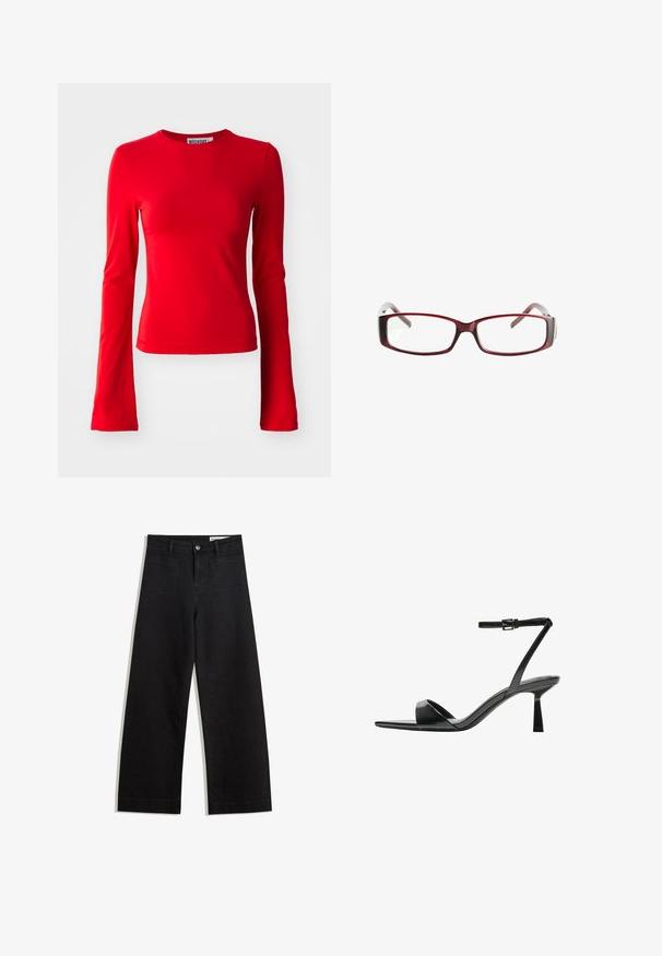 Rød langærmet top lavet af glat, strækbart stof. Har en rund halsudskæring og tætsiddende silhuet. Enkel design uden mønstre eller accenter.; Sorte wide-leg denim bukser med høj talje, der har front- og baglommer, syede sømme og en knaplukning. Glat tekstur.; Bershka Højhælede sandaletter / Højhælede sandaler - black; Røde rektangulære briller med et sleekt design. Klare linser, let transparente stænger og en gradient-effekt fra rød til grå.