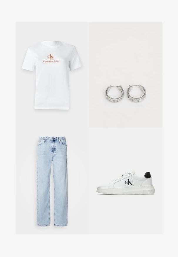 Hvid bomulds t-shirt med korte ærmer. Har et trykt logo i lysebrunt: "CK" over teksten "Calvin Klein Jeans". Klassisk rund halsudskæring.; Lyseblå brede jeans lavet af denim, med høj talje, falmet vask og subtil tie-dye mønster langs fronten.; Hvide lavtoppede sneakers med sort hælkænke, platformssål, snørebånd og Calvin Klein "CK" logo på siden.; Sølv hoop øreringe med et struktureret design, der har lodrette riller. Cirkelformede med en sikker lås. Glat finish.