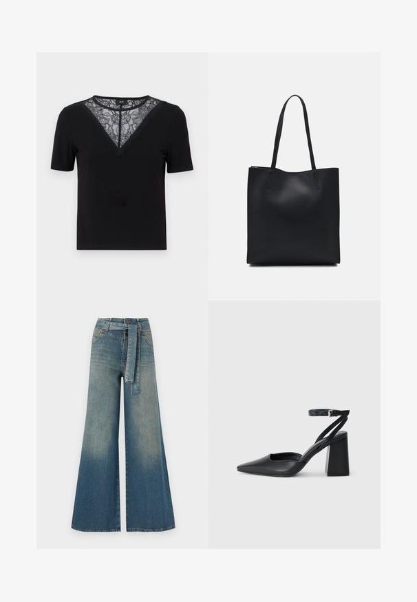 Black short-sleeve t-shirt featuring a lace and scalloped V-neckline, ribbed texture, and a fitted design.; Wide-leg denim trousers featuring a light to dark blue gradient, high waist, belt loops, and a matching fabric belt. Textured denim finish.; Black leather pointy-toe pump with an ankle strap and a chunky heel. Flat texture, sleek design, and minimalistic aesthetics.; Black leather tote bag with smooth texture, rectangular shape, and two long handles. No visible hardware or embellishments.