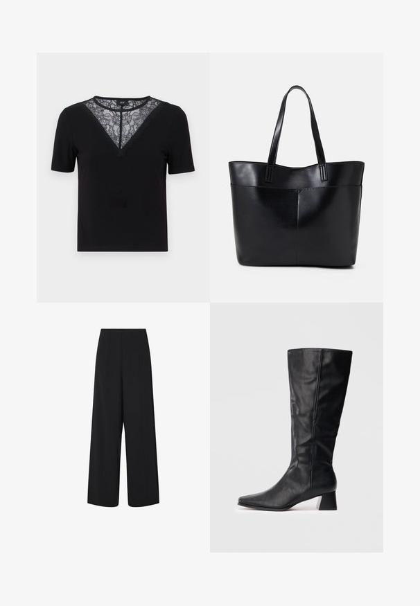 Schwarzes kurzärmliges T-Shirt mit Spitzen- und wellenförmigem V-Ausschnitt, geripptem Material und tailliertem Design.; Schwarze, weite, knöchellange Hosen mit hohem Bund und seitlichen Taschen, die subtile vertikale Nahtdetails aufweisen.; Schwarze Lederstiefel in Knöchelhöhe mit spitzer Zehe und Blockabsatz auf schlichtem, hellen Hintergrund.; Schwarze Leder-Shopper-Tasche mit zwei langen Griffen, einer glatten Textur und einer strukturierten Form. Verfügt über eine Vordertasche für zusätzlichen Stauraum.