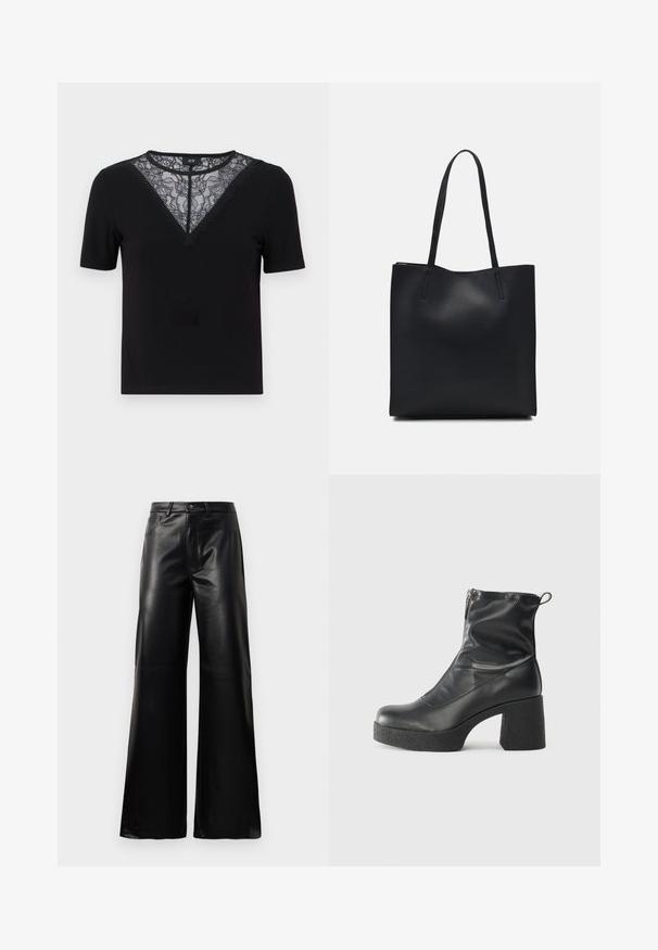 T-shirt preto de manga curta com um decote em V de renda e bordas onduladas, textura ribbed e um design ajustado.; Calças largas de imitação de couro pretas, de cintura alta, com botão frontal, fecho de correr, passadores de cinto e bolsos laterais sobre fundo branco.; Botas de tornozelo pretas feitas de couro liso, com fecho lateral, salto grosso texturizado e design de bico arredondado.; Bolsa tote preta em couro com textura lisa, forma retangular e duas alças longas. Sem hardware ou enfeites visíveis.