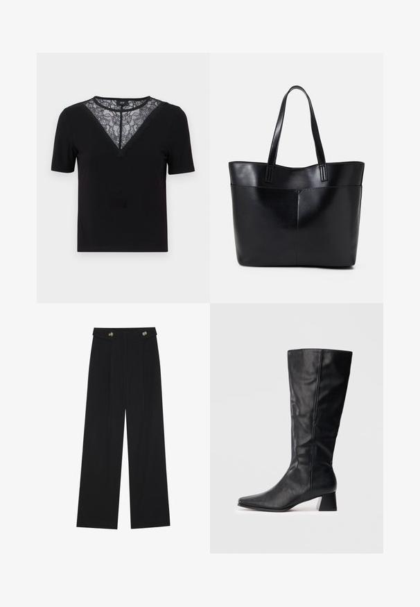 Black short-sleeve t-shirt featuring a lace and scalloped V-neckline, ribbed texture, and a fitted design.; Black wide-leg trousers with high waist, button details on waistband, and front pleats.; Black mid-calf leather boot with pointed toe and block heel on plain light background.; Black leather tote bag with two long handles, a smooth texture, and a structured shape. Features a front pocket for additional storage.