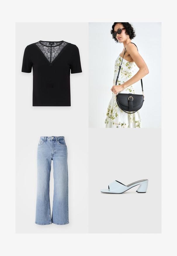 Tricou negru cu mânecă scurtă, cu decolteu în V din dantelă și margini ondulate, textură elegantă și design ajustat.; Jeans wide-leg de culoare albastru deschis cu talie înaltă, dotate cu buzunare frontale și spate, închidere cu buton și decolorare subtilă pe coapse și margini.; Muli cu toc deschis la culoare, de un albastru deschis, cu vârf deschis și un design geometric, având o curea lata peste picior și un toc masiv, unghiular.; Geantă din piele neagră, cu o formă curbată, curea detașabilă și accesorii aurii. Geanta are un capac cu un detaliu tip cataramă.