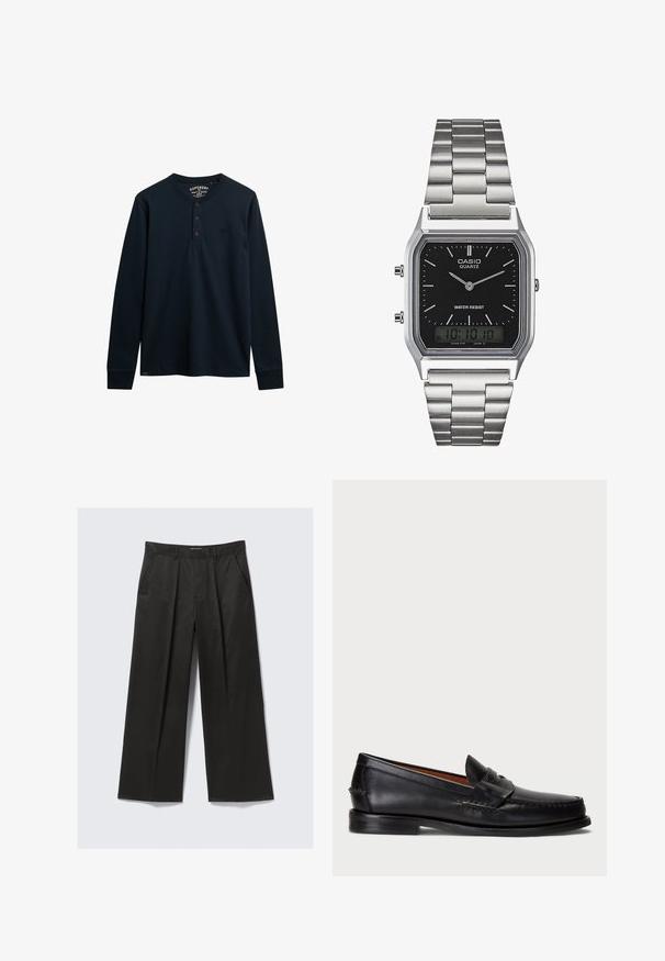 Marineblauwe langarm henley-shirt van zachte katoen, met een drievoudige knoopsluiting, afgeronde zoom en klein logo op de borst.; Zwarte broek met wijde pijpen en een gladde textuur, met twee voorkruiken en een iets hoge tailleband.; Zwarte leren instapper met een ronde neus, gestikte details en een decoratieve band aan de voorkant. Platte zool met een minimaal profiel.; Zilveren roestvrijstalen quartzhorloge met een zwart rechthoekig uurwerk, voorzien van analoge wijzers, digitale weergave en het label voor waterbestendigheid.