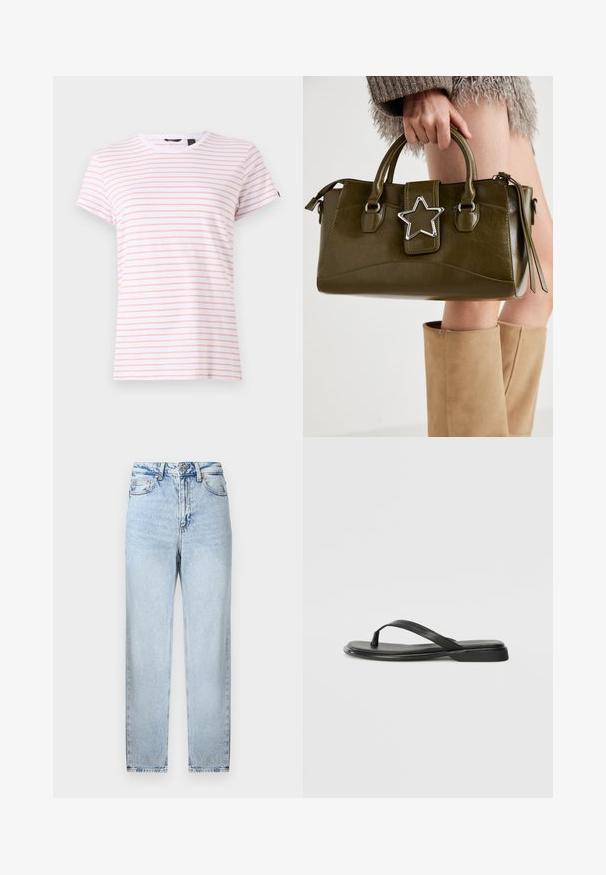 Witte katoenen t-shirt met dunne roze strepen, ronde halslijn en korte mouwen. Zachte textuur met een casual pasvorm en een label in de hals.; Lichtblauwe denimspijkerbroek met een rechte pasvorm, voorzien van een knoop- en ritssluiting, vijf zakken en een lichte vervaging aan de voor- en achterkant.; Zwarte teenflip-flop van glad leer, met een dunne band en een platte zool met een minimalistisch profiel. Geen opvallende patronen of accenten.; Olijf groen neplederen handtas met zilveren steraccent, dubbele handvatten en een ritssluiting. Gelaagd oppervlak en gestructureerde vorm.