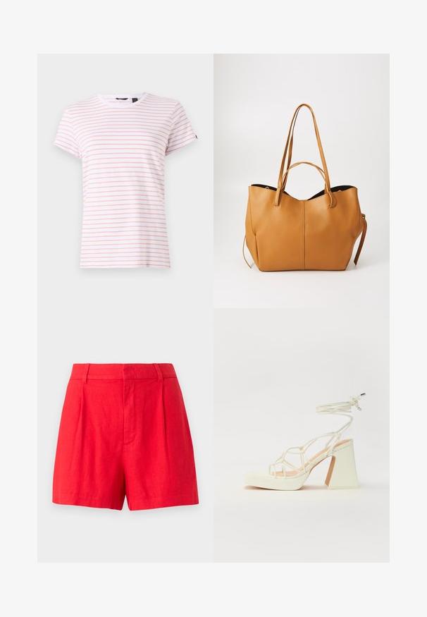 Hvit bomulls T-skjorte med tynne rosa striper, rund halslinning og korte ermer. Myk tekstur med en avslappet passform og et merke i halslinningen.; Røde linshorts med en skreddersydd design, som har folder, en glatt tekstur og en mid-rise livlinje.; Hvit høyhælte sandal med kraftig hæl, med en stroppe-design og ankelbånd. Glatt tekstur med plattform foran for ekstra høyde.; Brun skinnveske med teksturert overflate, bred åpning og to lange håndtak. Har et enkelt design og minimalt med beslag.