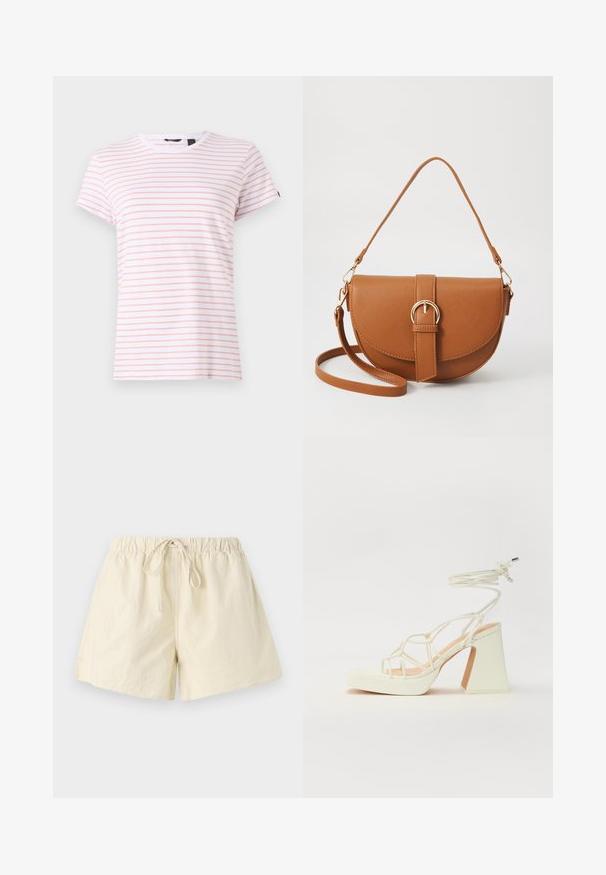 Fehér pamut póló vékony rózsaszín csíkokkal, kerek nyakkal és rövid ujjakkal. Puha tapintású, laza szabású, és címke található a nyaknál.; Beige elasztikus derekú rövidnadrág zsinóros megkötővel, laza fazonnal és sima textúrával. Nincsenek látható zsebek vagy minták.; Fehér, magassarkú szandál vastag sarokkal, pántos dizájnnal és bokapánttal. Sima textúra, elülső platformmal a megnövelt magasság érdekében.; Barna bőr keresztbody táska ívelt formával, aranyszínű fémrészekkel és csat díszítéssel. Levehető vállpánttal rendelkezik.