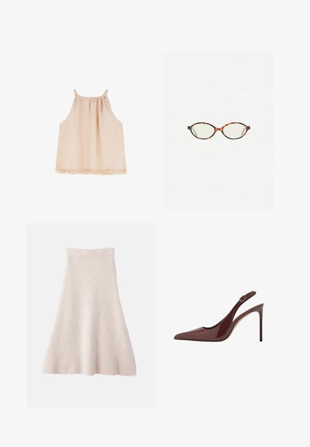 Jasnoróżowy bezrękawnik z zebranym dekoltem, luźnym krojem i frędzlami na dole, wykonany z miękkiej, teksturowanej tkaniny.; Jasno beżowa spódnica w kształcie litery A, wykonana z miękkiego, teksturowanego materiału, z gładkim pasem w talii i lejącą sylwetką.; Ciemnobrązowe lakierowane skórzane czółenka na wysokim obcasie z zasuwanym paskiem na kostce oraz smukłym obcasem typu stiletto.; Okulary w kolorze tortoiseshell z owalnymi soczewkami i gładkim, eleganckim wykończeniem. Posiadają cienkie boki z delikatnym łukiem w okolicy skroni. Przezroczyste soczewki.