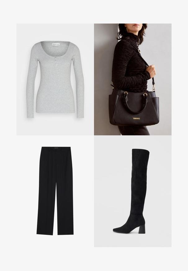Long-sleeve gray top made of soft, textured fabric. Features a rounded neckline and three functional buttons at the front center.; Black trousers with a straight-leg design, featuring two front pockets and a waistband. Made from a smooth, lightweight fabric.; Black suede knee-high boot with block heel, pointed toe, and smooth, seamless design on a plain light background.; Black handbag with textured surface, dual top handles, and adjustable shoulder strap. Features gold-tone hardware and side pockets.