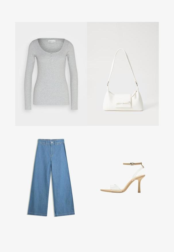 Szary, długi rękaw bluzka wykonana z miękkiego, teksturowanego materiału. Posiada zaokrąglony dekolt i trzy funkcjonalne guziki na środku przodu.; Jasnoniebieskie dżinsy w szerokim kroju, wykonane z denimu, z zapięciem na guzik, paskami do paska i subtelnymi detalami w szwie.; Przezroczysta sandał z obcasem, z przezroczystą cholewką, beżową wkładką i smukłym paskiem w okolicy kostki. Posiada spiczasty czubek i cienki wysoki obcas.; Biała syntetyczna torba o trójkątnym kształcie, płaskim przednim klapce i detalach w postaci kokardy, regulowanym pasku, gładkiej fakturze oraz minimalistycznym designie.