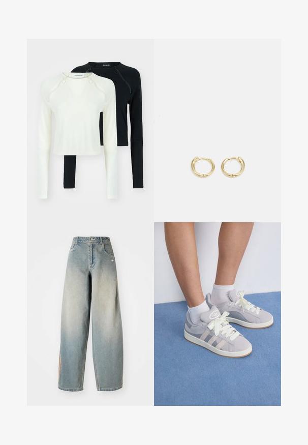 Two long-sleeve tops, one in white and one in black. Both feature round necklines and decorative zippers at the shoulder. Smooth fabric.; Light blue denim wide-leg jeans with a faded finish. Features front pockets, a button closure, and a subtle logo on the waistband.; Gray suede sneakers with white laces and rubber sole, featuring three diagonal stripes on the side and a logo patch on the tongue.; Gold hoop earrings with a smooth, rounded design. Features a small hinge closure, lightweight appearance, and a polished finish.