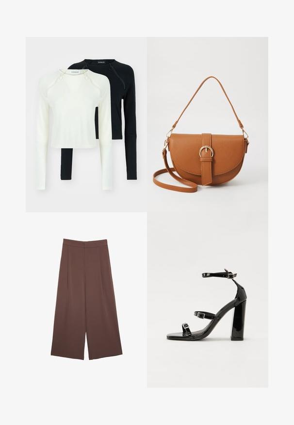 Dve dolge majice z dolgimi rokavi, ena v beli in ena v črni barvi. Obe imata okrogle izreze in okrasne zadrge na ramenu. Gladko blago.; Rjave široke hlače z gladko teksturo, ki imajo visok pas in sprednje naborke. Tkanina je lahka in prosto pada.; Črne lakirane sandale s peto, kvadratnim prstom, trakovi okrog gležnja in srebrnimi zaponkami. Opremljene so s stabilno Debelo peto.; Rjava usnjena torbica prek telesa s ukrivljeno obliko, zlate opreme in sponko. Ima odstranljiv naramni trak.