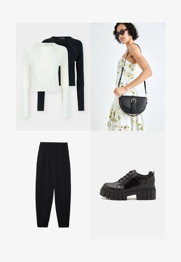 Kaks pikka varrukatoppi, üks valge ja teine must. Mõlemal on ümmargune kaelus ja dekoratiivsed lukud õlgadel. Sile kangas.; Mustad, kerge kangas püksid elastse vöökoha ja kokku volditud pahkluudega. Kanga pind on sile ja disain on lõdvestunud, kitsenev.; Must musta platvormsussid paksu plokkninal, ümmarguse varbaga ja traditsioonilise nööridega kinnitamisega. Sussid on sileda tekstuuriga ja minimaalsete detailidega.; Mustmust mustraha kõverate joontega, eemaldatava rihmaga ja kuldsete detailidega. Kotil on klapp, millel on pandladetail.