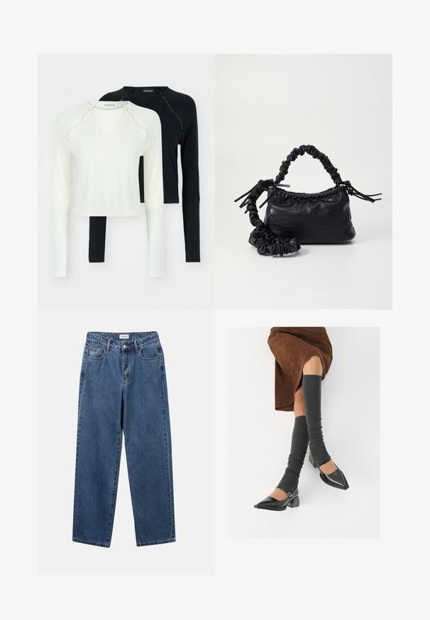 Two long-sleeve tops, one in white and one in black. Both feature round necklines and decorative zippers at the shoulder. Smooth fabric.; Classic blue denim jeans with a straight-leg design, five pockets, and a button closure. Features a medium wash and sturdy texture.; Black patent leather pointed-toe shoes with a block heel and ankle strap, paired with gray ribbed leg warmers and a brown suede skirt.; Black faux leather handbag with a crocodile texture, cinched top, and a scrunched strap. Appears soft and compact in design.