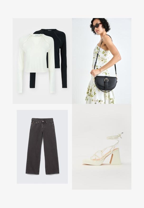 Zwei Langarmoberteile, eines in Weiß und eines in Schwarz. Beide verfügen über runde Ausschnitte und dekorative Reißverschlüsse an der Schulter. Glattes Material.; Weite Jeans aus dunkelgrauem Denim. Merkmale sind eine hohe Taille, Kupferbeschläge und ein klassisches Five-Pocket-Design.; Weiße High-Heel-Sandale mit einem klobigen Absatz, die über ein Riemchendesign und ein Knöchelband verfügt. Glatte Textur mit einer Plattform vorne für zusätzliche Höhe.; Schwarze Lederhandtasche mit geschwungener Form, abnehmbarem Tragegurt und goldenen Beschlägen. Die Tasche verfügt über einen Deckel mit einer Schnallen-Details.