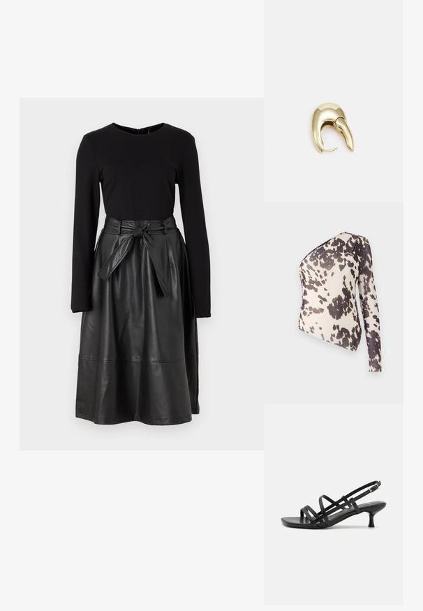 Egyszívű felső könnyű anyagból, bézs alapszínnel és fekete szabálytalan foltokkal, sima textúrával és testhezálló kialakítással.; Fekete, hosszú ujjú felső, amely fekete műbőr szoknyával van párosítva, megkötős derékkal és sima, fényes textúrával.; Fekete magassarkú szandálok több keresztben átkötött pánttal. Simább anyag, hegyes orr és keskeny sarok. Állítható bokapánt kapcsos rögzítéssel.; Aranyszínű fém fülbevaló, elegáns, ívelt formával. Különleges hegyes alak, fényes felszín és zsanéros záródás jellemzi.