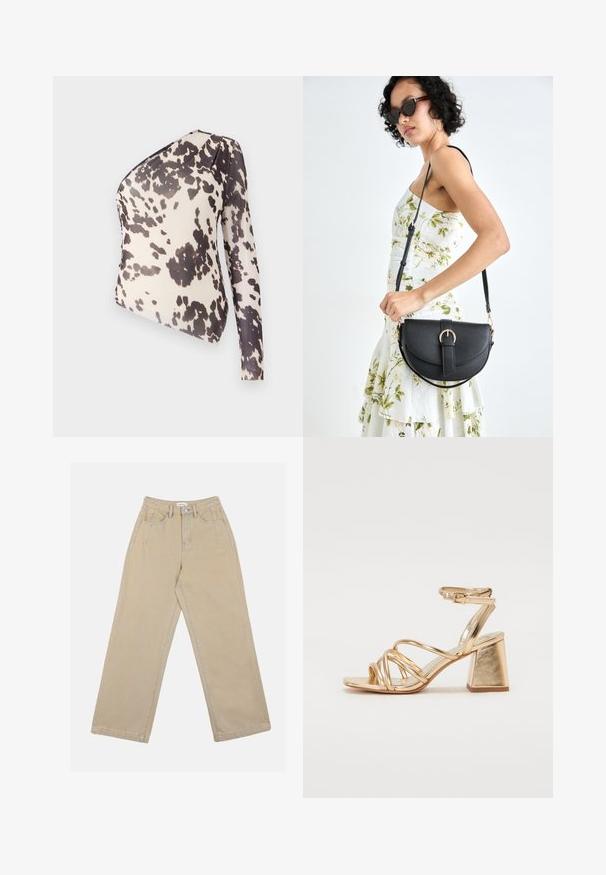 One-shoulder top in lightweight fabric featuring a beige background with black irregular spots, smooth texture, and fitted design.; Beige wide-leg pants made of denim, featuring a high waist, front pockets, and contrasting stitching. The design includes a button closure.; Gold metallic heeled sandals featuring a strappy design, square block heel, and adjustable ankle strap with a buckle. Smooth texture.; Black leather handbag with a curved shape, detachable strap, and gold hardware. The bag features a flap with a buckle detail.