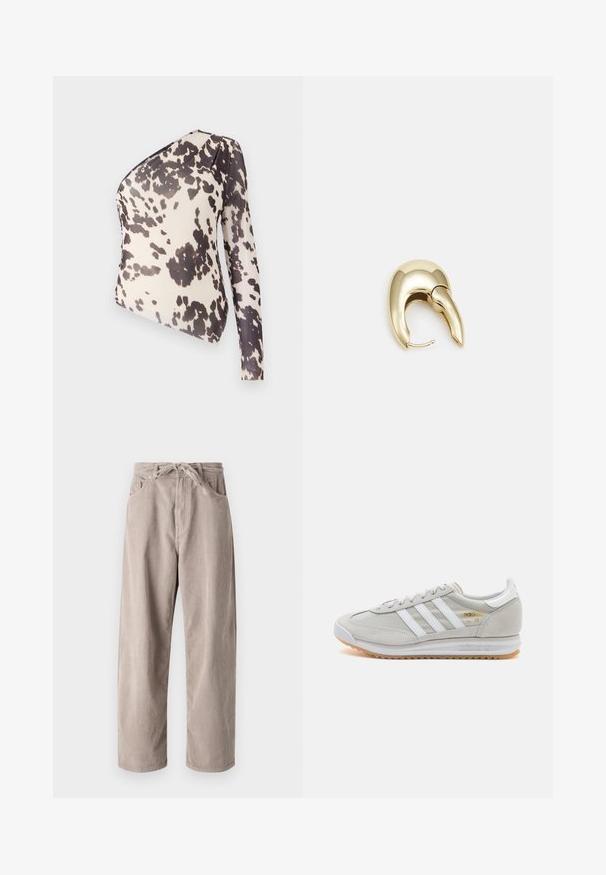 One-shoulder top in lightweight fabric featuring a beige background with black irregular spots, smooth texture, and fitted design.; Beige corduroy trousers with a loose fit, featuring a drawstring waist, two front pockets, and vertical ribbed texture.; Light grey sneaker made of suede and mesh, featuring three white stripes, round toe, and a gum rubber sole. Gold logo accent near laces.; Gold-tone metal earring with a sleek, curved design. Features a distinctive pointed shape, polished surface, and hinge closure.