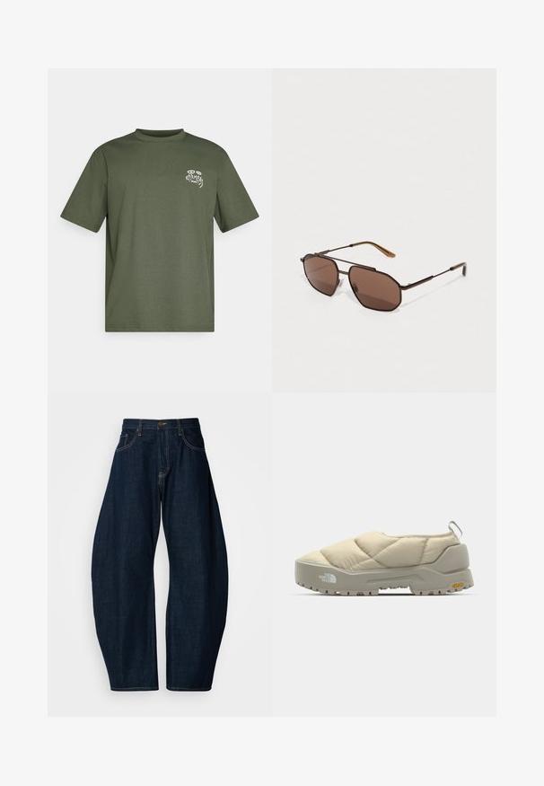 Olivově zelené tričko s krátkým rukávem a kulatým výstřihem, se malou bílou grafikou "Karma" na levé straně hrudi.; Tmavě modré džíny z denimu s širokým střihem, které mají výrazné švy, pět kapes a mosazné zapínání v pase.; Prošívaná béžová slip-on obuv s šedou Vibram podešví, zaoblený tvar a zadní poutko. Obsahuje logo na boku a texturovaný svrchní povrch.; Hnědé osmiúhelníkové sluneční brýle s tenkým černým kovovým rámem, doplněné hnědými stranicemi. Tmavé tónované čočky poskytují UV ochranu.